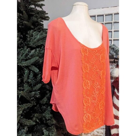 Free People Oversized Coral Orange Lacy Top size Small - Picture 3 of 4